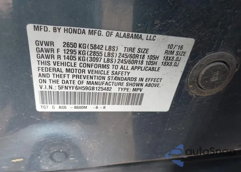 2016 Honda Pilot Ex-L z USA, uszkodzony, nr VIN 5FNYF6H59GB125482